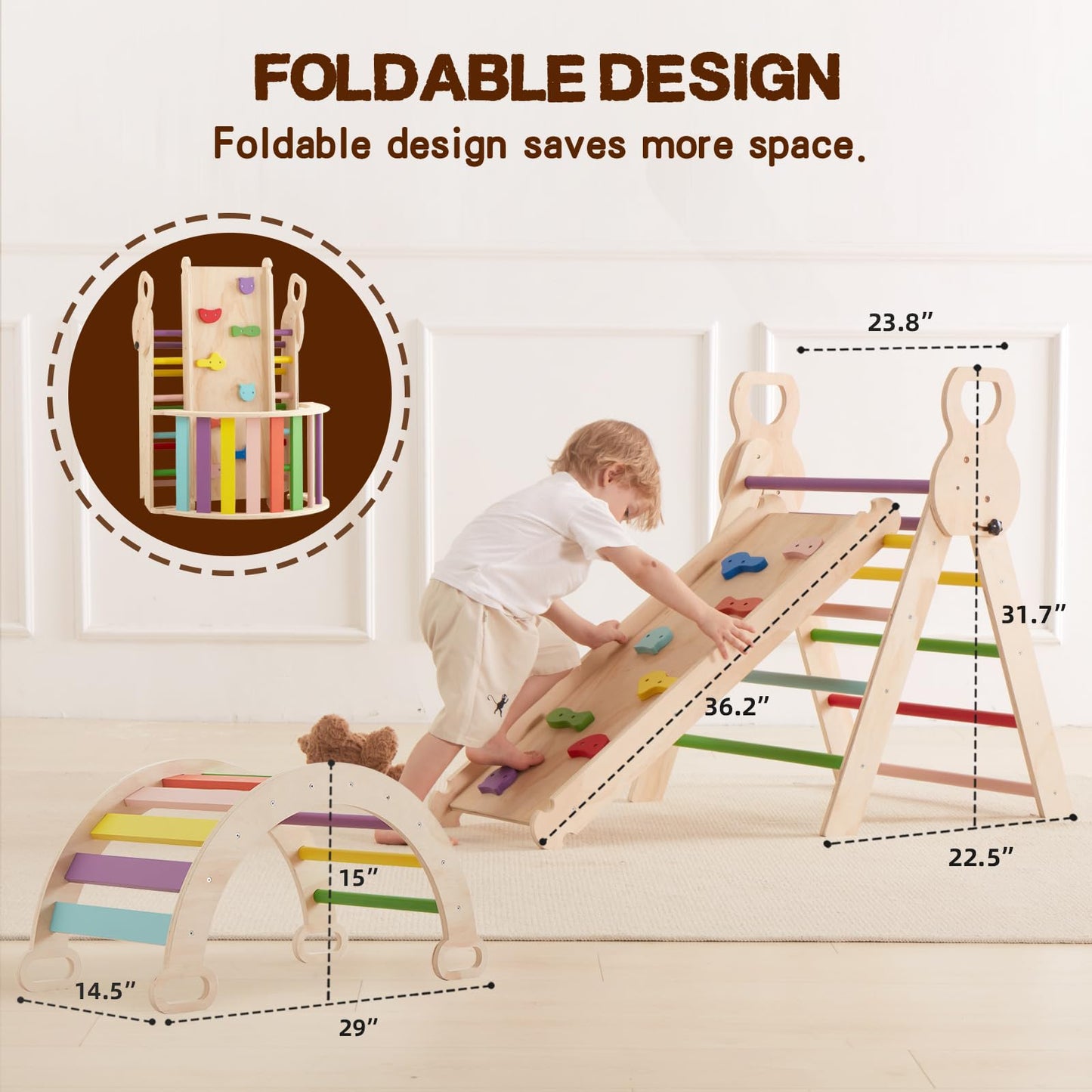 LVHERO 7 in 1 Pikler Triangle Set, Foldable Toddler Baby Climbing Toys, Wooden Montessori Climbing Set, Baby Climber Indoor Playground Jungle Gym for Toddlers Montessori Toys-Rainbow