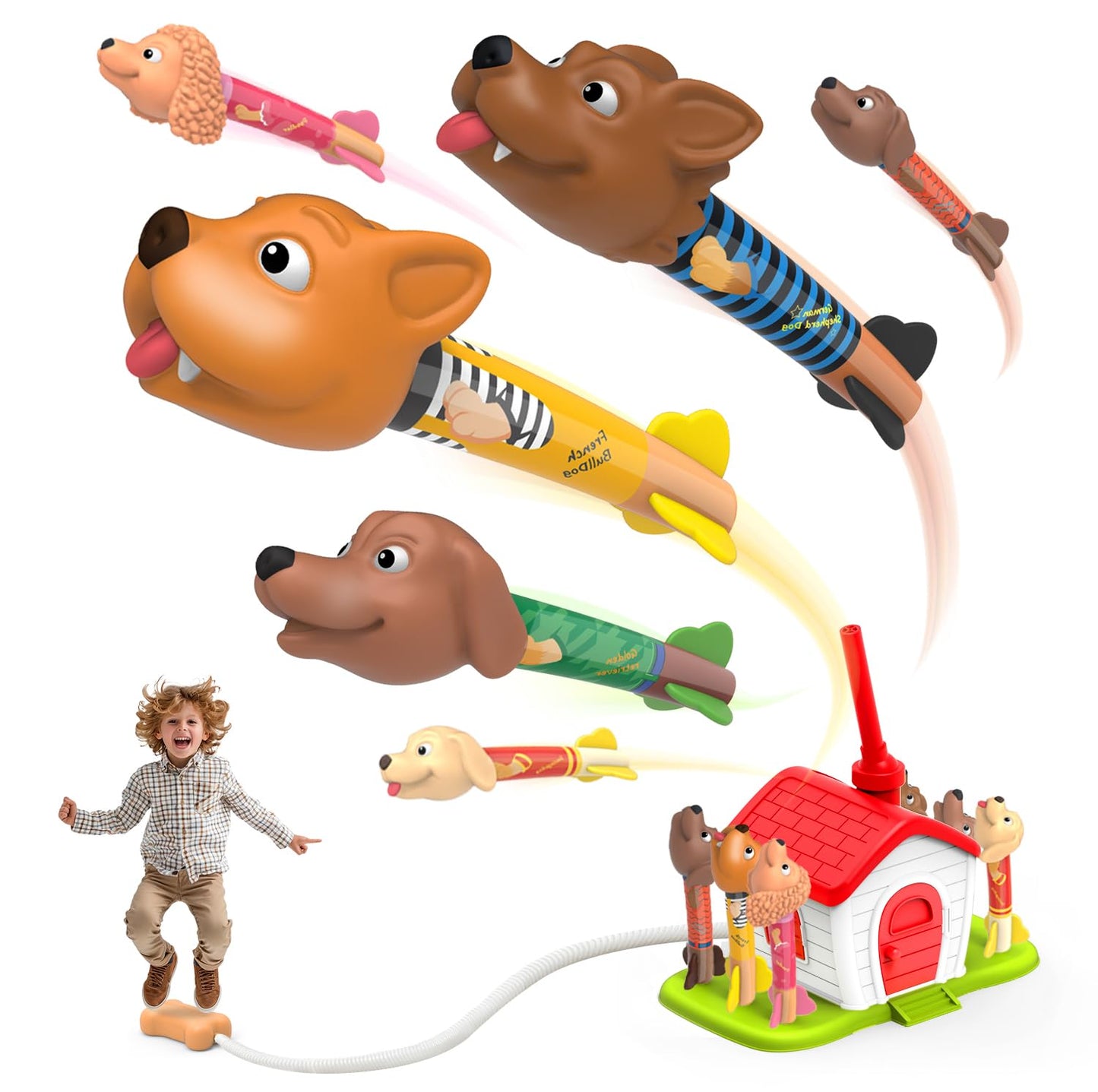 Dog Rocket Launcher for Kids, 6 Dog Rockets with Dog House Launcher Stand-Fun Backyard & Outdoor Kids Birthday/Holidays Toys Gifts for Boys & Girls- Dog Toy Foam Blaster Set Soars Up to 100 Feet